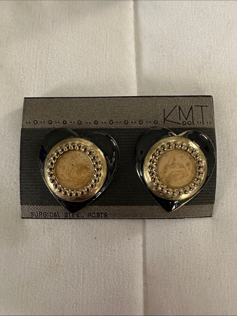 KMT Modernist Silver & Black Heart Pierced Earrings Retro 1980s Black and Gold🖤💛
